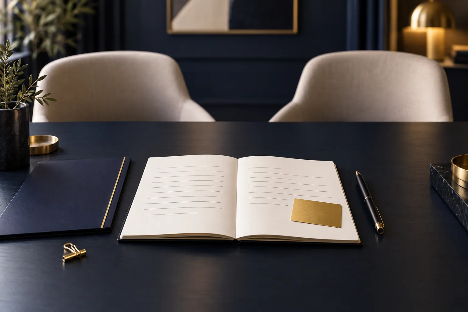 An open notebook and a gold note card ready for a discovery conversation.